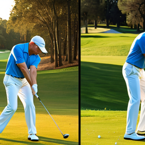 Home 19 **
A golfer performing a modified golf swing, showcasing adaptations for limited spinal flexibility. The golfer is in mid-swing, with a focus on a flatter swing plane and strong leg drive. Use a background featuring a golf course with the late afternoon sun highlighting the golfer's form. Incorporate visual cues indicating analysis (e.g., translucent lines showing ideal swing path vs. actual). The scene conveys determination and personalized technique.
**
