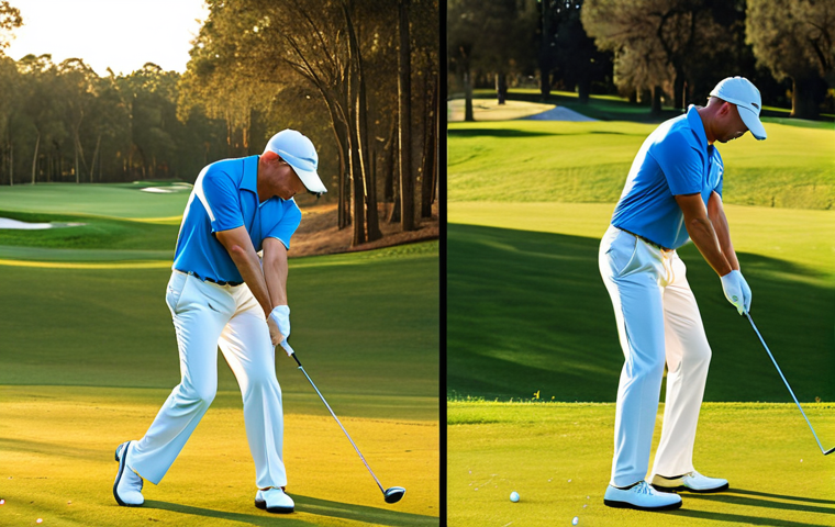 **

A golfer performing a modified golf swing, showcasing adaptations for limited spinal flexibility. The golfer is in mid-swing, with a focus on a flatter swing plane and strong leg drive. Use a background featuring a golf course with the late afternoon sun highlighting the golfer's form. Incorporate visual cues indicating analysis (e.g., translucent lines showing ideal swing path vs. actual). The scene conveys determination and personalized technique.

**
