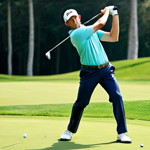 Home 18 A tall and slender golfer, male, fully clothed in modest, professional golf attire, gracefully executing a wide, natural backswing on a pristine, sunlit golf course. The pose emphasizes elegant extension and fluid motion, showcasing perfect anatomy, correct proportions, well-formed hands, and natural body proportions. The image captures a professional, high-quality photograph with a focus on form and balance, appropriate content, safe for work, family-friendly.
