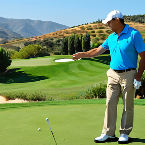 Home 17 **
A seasoned golf instructor, fully clothed in professional golf attire (polo shirt, khakis), demonstrating a swing to a student on a sunny green at a prestigious Spanish golf course. Rolling hills and blue skies in the background. Perfect anatomy, correct proportions, well-formed hands, appropriate content, safe for work, family-friendly, professional golf photography, high quality.
**