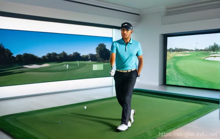 골프 티칭 사례 모음 - **Prompt:** A male golfer, around 30-40 years old, with a focused expression, standing in a sleek, m...