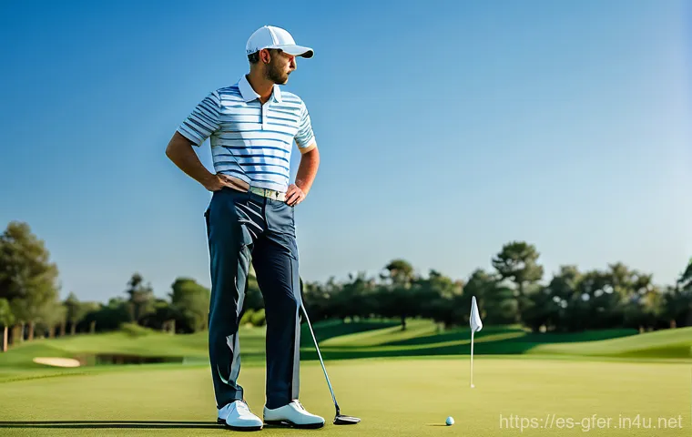 골프 프로가 피해야 할 실수들 - A professional male golfer in a classic golf polo shirt and tailored trousers, standing on a meticul...