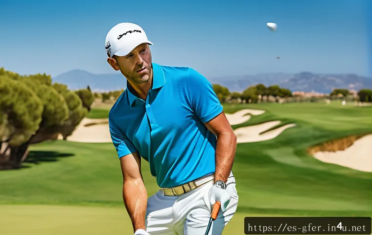 골프코치의 동기 부여 사례 - A focused golfer in mid-swing on a sunny golf course in Spain, wearing a stylish polo shirt and golf...