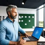 Home 18 골프코치의 워라밸 유지 방법 - A professional golf coach organizing a weekly schedule in a modern, bright office with large windows...