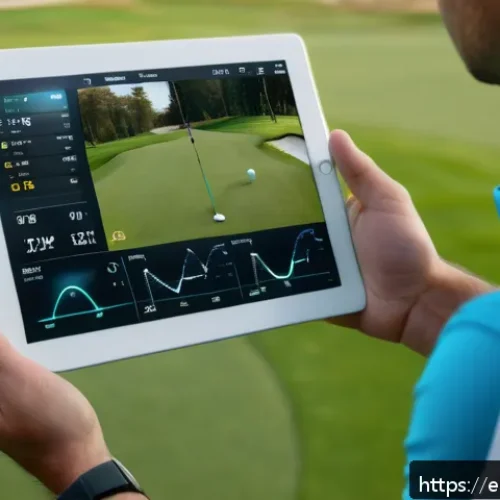 Home 17 골프코치로서의 고객 데이터 관리 - A professional golf coach in a modern training facility using a high-tech swing analysis app on a ta...