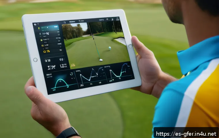 골프코치로서의 고객 데이터 관리 - A professional golf coach in a modern training facility using a high-tech swing analysis app on a ta...