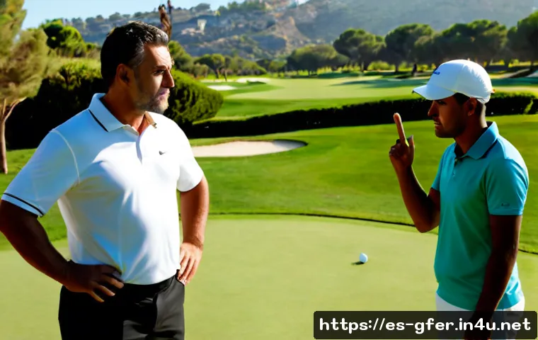 Home 30 골프 레슨 시 어려운 고객 대처법 - Photorealistic golf lesson at a sunny Spanish golf course, calm professional golf instructor patient...
