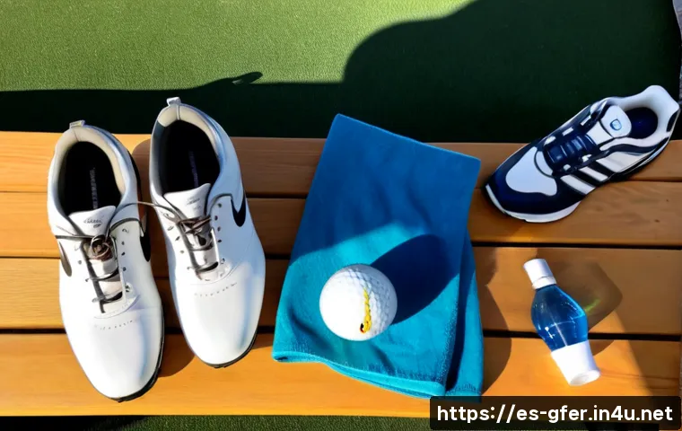 Home 17 골프 레슨 전 사전 준비 체크리스트 - Photorealistic overhead flat lay of a golfer’s pre-lesson preparation: clean golf shoes, glove, cap,...